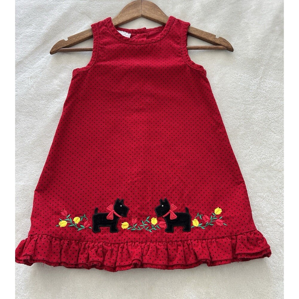 Vintage Samantha Says Girls Dress Sz 5 Corduroy Scottie Dog Ruffle Jumper 90s